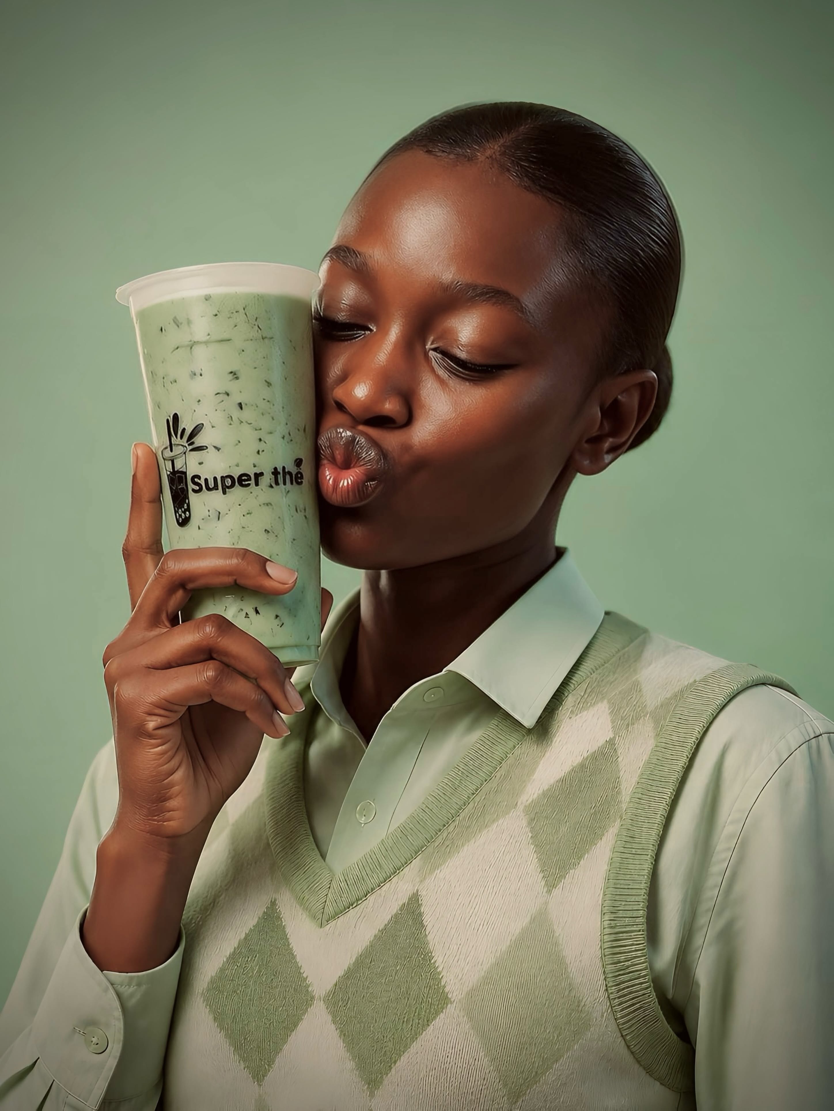 Cliente avec un thé vert au lait à la menthe